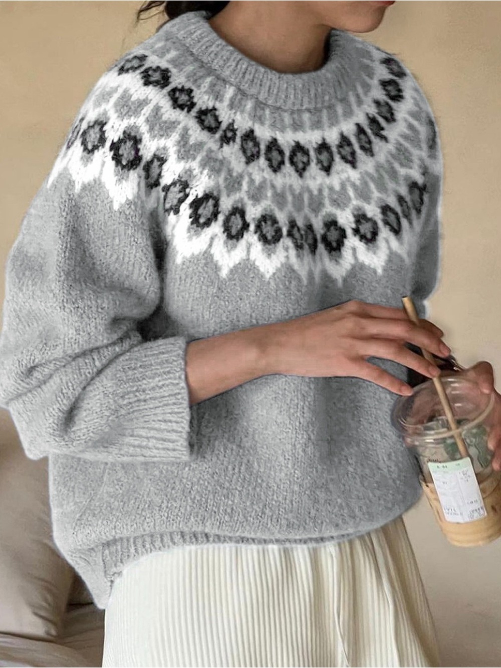 🩶 Hello Gorgeous! Nordic Fair Isle Pattern Round Neck Sweater Cozy Grey